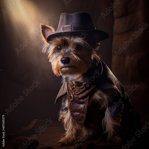 A cute Yorkie dressed up as Indiana Jones sits inside a dimly lit room, ready for its next adventure.