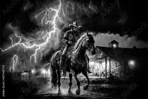A cowboy on horse gallops away from an old west log building on a dark and stormy night in the rain, with a lightning bolt in the background. Black and white.