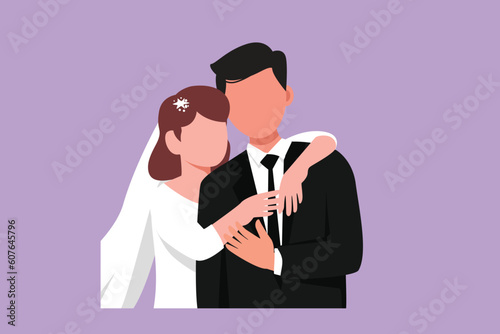 Character flat drawing of lovers man with suit and woman with wedding dress hugging each other. Couple in relationship in love. Happy husband hugging beautiful wife. Cartoon design vector illustration