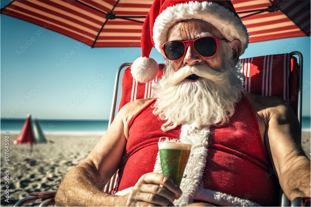 Obraz premium Santa on a Vacation at a Beach - After almost a whole year of hard work leading up to a single night visiting many homes, Santa enjoys a well-deserved vacation on a sunny and sandy beach.