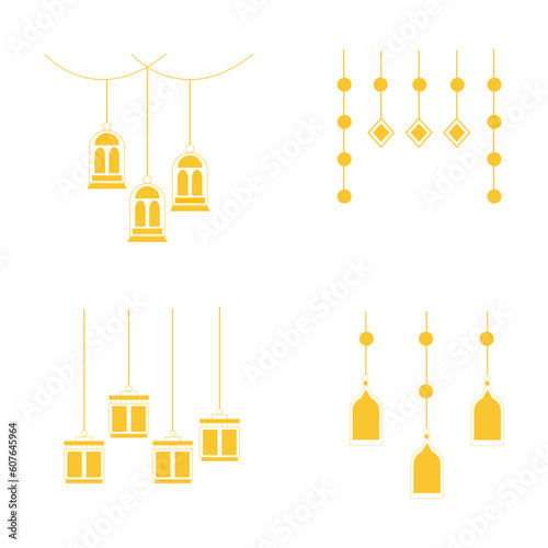 Arabic traditional Ramadan Kareem eastern lanterns. Muslim ornamental hanging gold lanterns, stars and moon vector illustration decoration. Islamic oriental illustration. Traditional Muslim holiday la