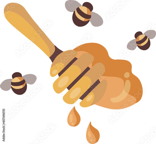 Vector spoon drops of honey and bees illustration