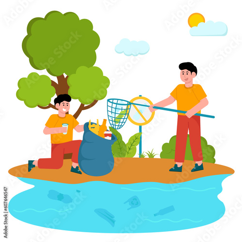 Volunteers Clean Up Trash In The River Illustration