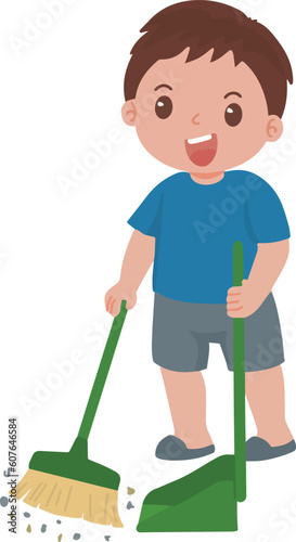 Portait of toddler cute little boy sweep the floor helping his mom illustration vector