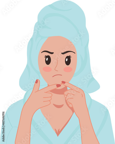 Portrait a woman with towel on her hand popping pimples acne skin illustration