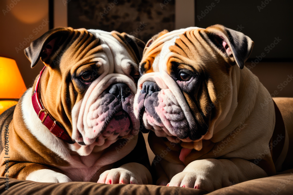 Digital photo of a cute English bulldog sitting on the cozy sofa in the modern living room. Generative AI