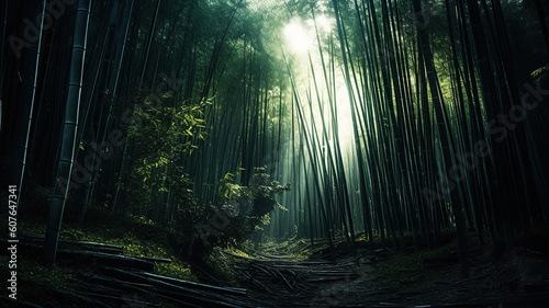 Dark creepy Bamboo forest with a mysterious light. Generative Ai