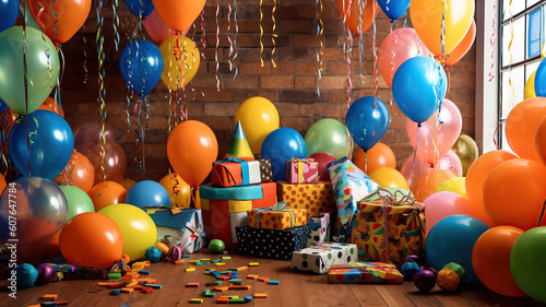 Birthday party decoration,balloon,streamers,hat and gift boxes. Generative Ai