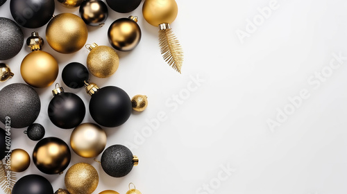 Christmas composition. Golden and black decorations on white background. New year concept. Flat lay, top view, copy space. Generative AI
