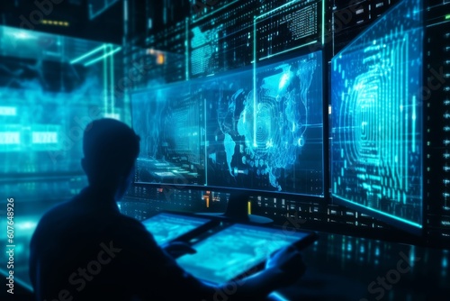 Wallpaper Mural Men behind computer screen, security data concept, blue colors, Generative AI Torontodigital.ca