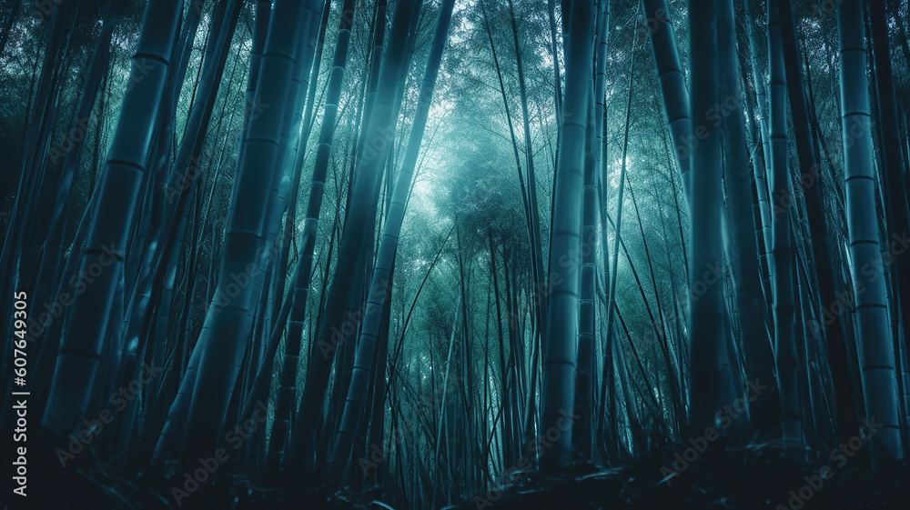 Fototapeta premium Dark creepy Bamboo forest with a mysterious light. Generative Ai