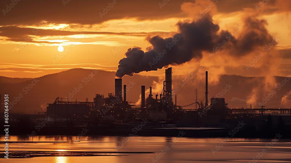 industry and pollution smoke stacks in the setting sun. Generative Ai