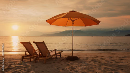 an umbrella and lounge chair on the beach against a sunset. Generative Ai © vectorizer88