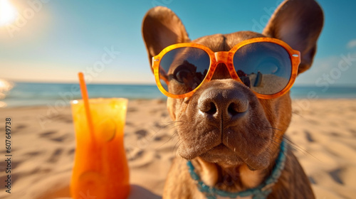 A cute dog wearing an orange sunglasses relaxing in a sunny beach enjoying holidays with a cold drink. Created using Generative AI.