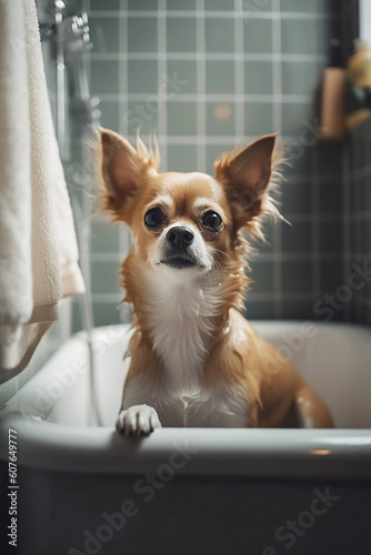 Funny cute dog sitting in bathtub. Home, bathroom.Dog spa. Dog grooming. Pet care, washing paws © Olga