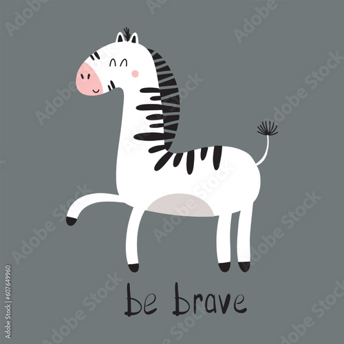 Poster with cute zebra. Vector illustration for decoration postcards  textiles  nursery.