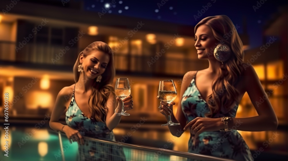 ナイトプール・スパでお酒を飲む水着姿の白人女性(Generative AI)
ナイトプール・スパでお酒を飲む水着姿の白人女性(Generative AI)