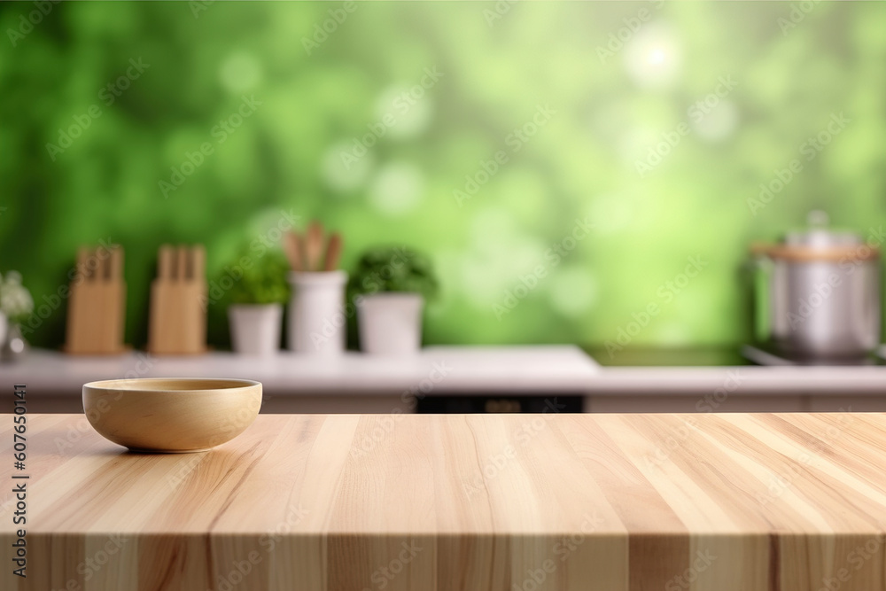 A wooden table with a bowl and a green-colored kitchen with a blurred background. (Generative AI) A wooden table with a bowl and a green-colored kitchen with a blurred background. (Generative AI)
