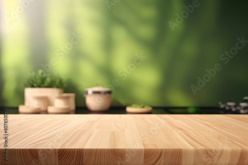 An empty wooden table and a green-colored kitchen with a blurred background. (Generative AI)