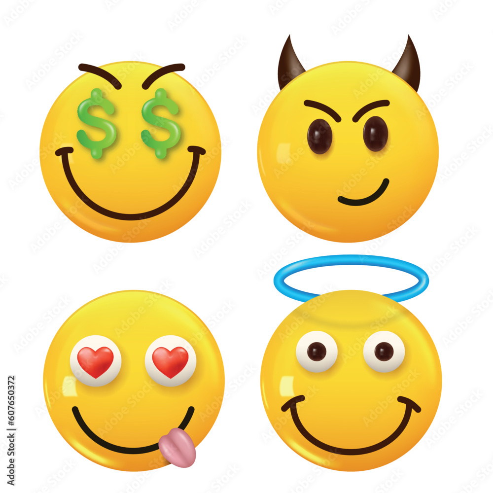 Fototapeta premium Set of 3d icon yellow color smile emoji. Set Icon Smile Emoji. Vector
