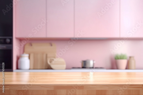 An empty wooden table and a blurry pink kitchen wall background.  Generative AI 