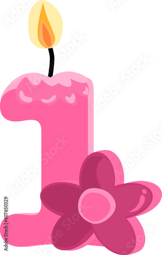 Pink one 1 number happy birthday candle and flower vector illustration.