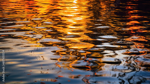 Reflections of sunset in surface lake water. Generative Ai