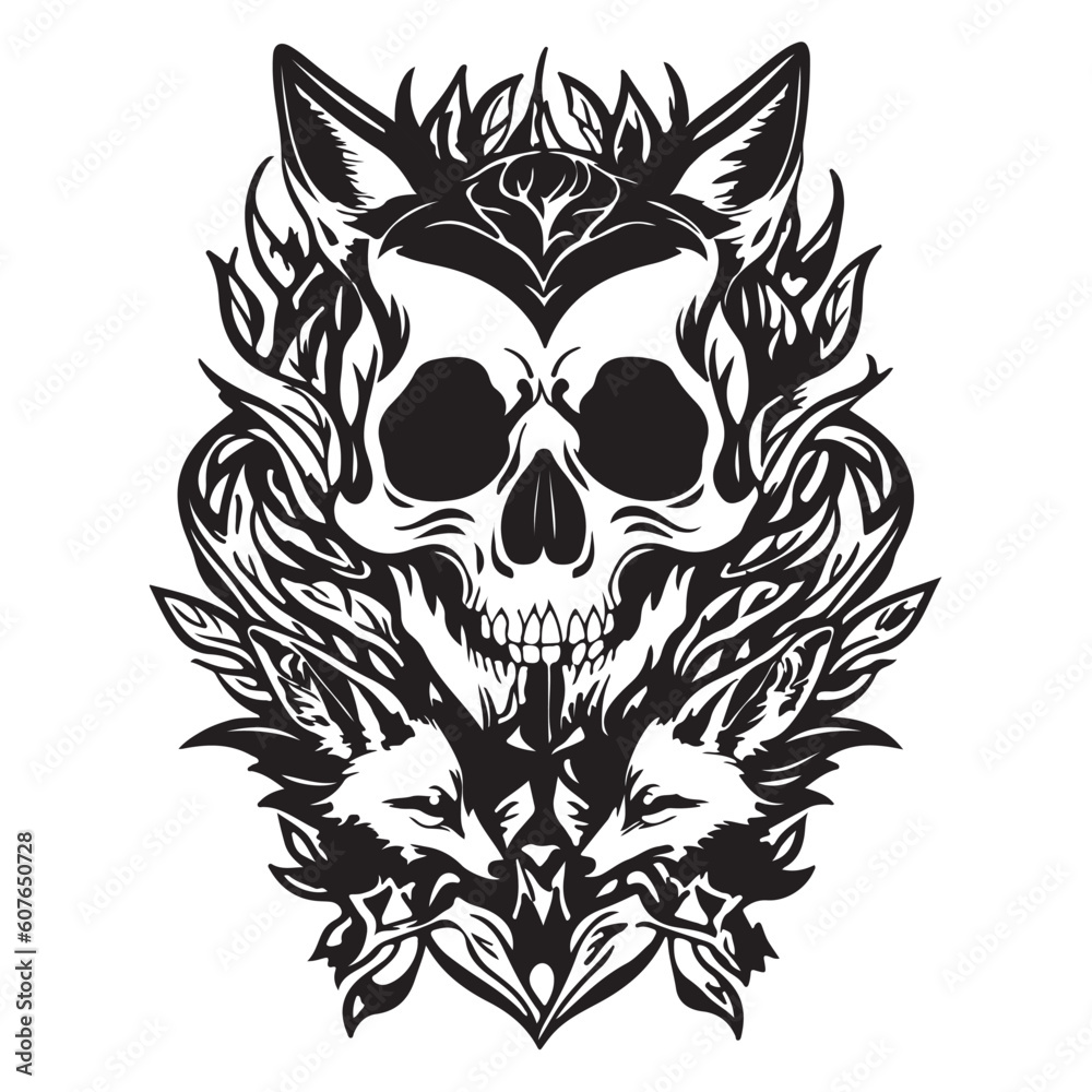 Vector silhouette human skull combine with fox, black ink on white background, design for tee shirt pattern, tattoo, print. Black on white design. Vector silhouette human skull combine with fox, black ink on white background, design for tee shirt pattern, tattoo, print. Black on white design.
