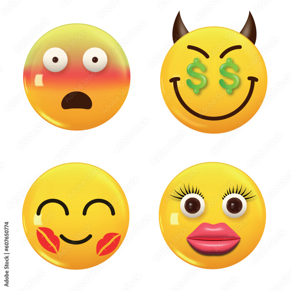 Set of 3d icon yellow color smile emoji. Set Icon Smile Emoji. Vector