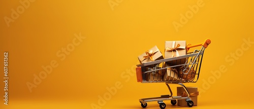 Shopping cart full of Gifts on yellow background, sale banner, black Friday sale, Cyber Monday sale, Generative Ai