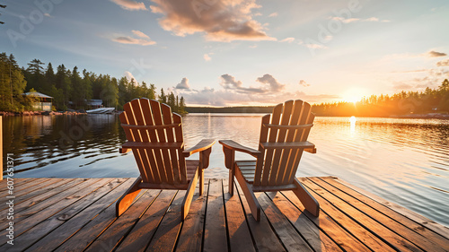 Two wooden chairs on a wood pier overlooking a lake at sunset in Finland. Generative Ai