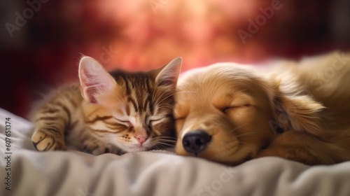 cat sleeping on a bed. cat and dog. cat sleeping on a pillow. portrait of a cat and dog. Generative AI