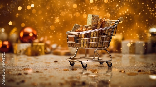 Shopping cart full of Gifts on yellow background  sale banner  black Friday sale  Cyber Monday sale  Generative Ai