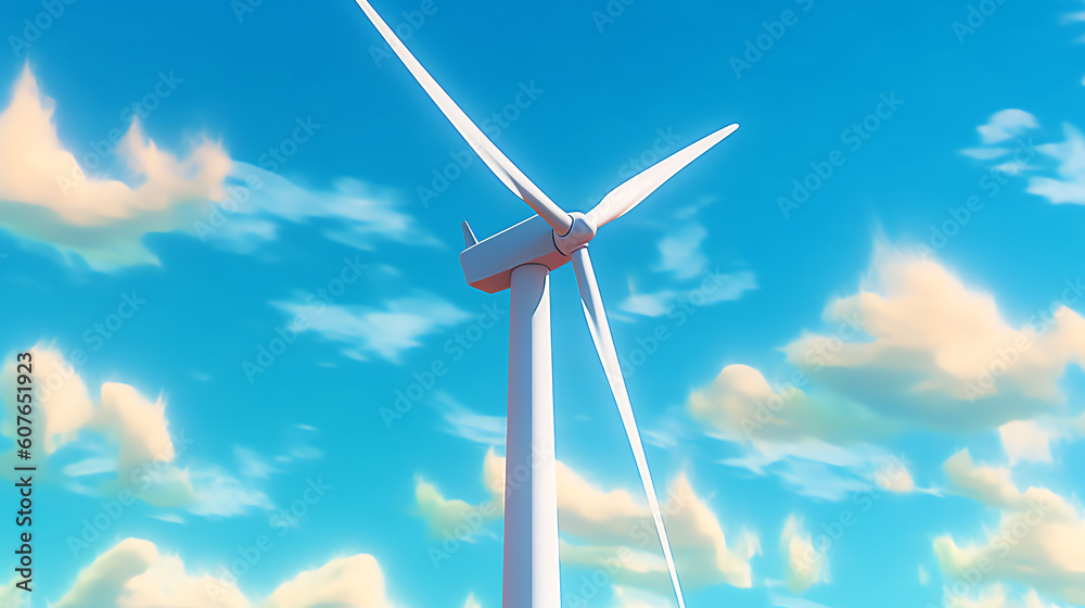 Fototapeta premium Wind turbine in the cloudy blue sky - Renewable energy and sustainability illustration - Generative AI