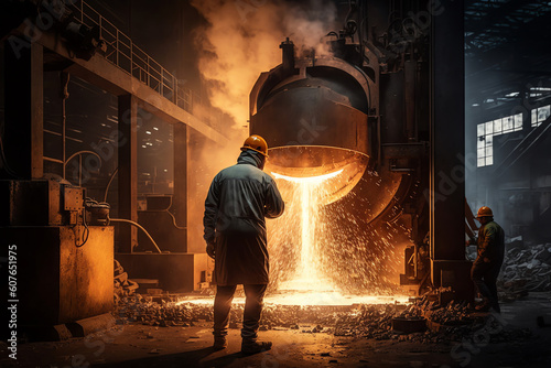 Steel making plant factory. Glow and Sparks produced while pouring of raw metal into hot furnace by large ladle of Steel plant. Generative AI photo