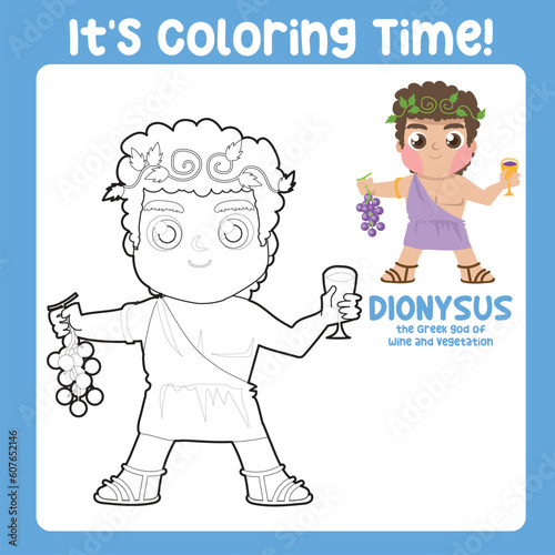 It’s coloring time. Colouring worksheet of Dionysus God of wine and vegetation. Ancient Greece mythology. Greek deity theme elements. Coloring page activity for kids. Vector file.