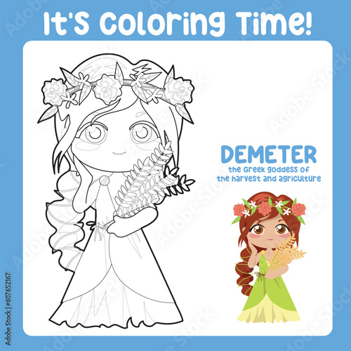 It’s coloring time. Colouring worksheet of Demeter Goddess of agriculture and harvest. Ancient Greece mythology. Greek deity theme elements. Coloring page activity for kids. Vector file.