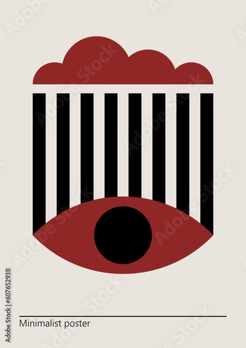 Artwork, minimalist poster design in red and black colors. abstract wall art. Vector illustration with cloud and eye with eyelashes.