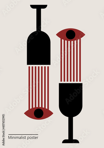 Artwork, minimalist poster design in red and black colors. abstract wall art. Vector illustration with glasses of wine and eyes.