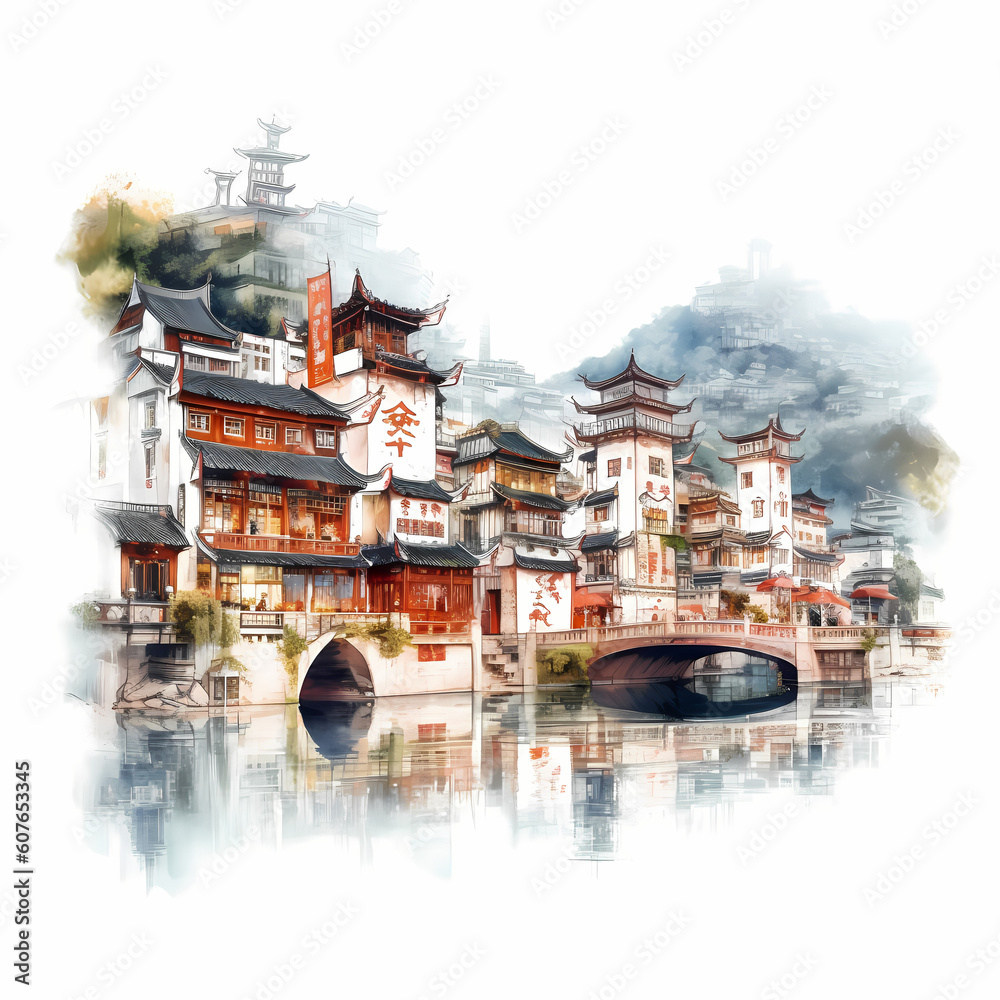Landscape Of Fenghuang Ancient Town Illustration