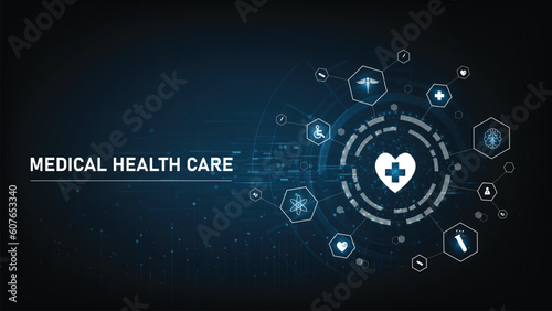 Healthcare and technology concept with flat icons and symbols. Template design for health care business, innovation medicine, pharmaceutical industry, science background, medical research.
