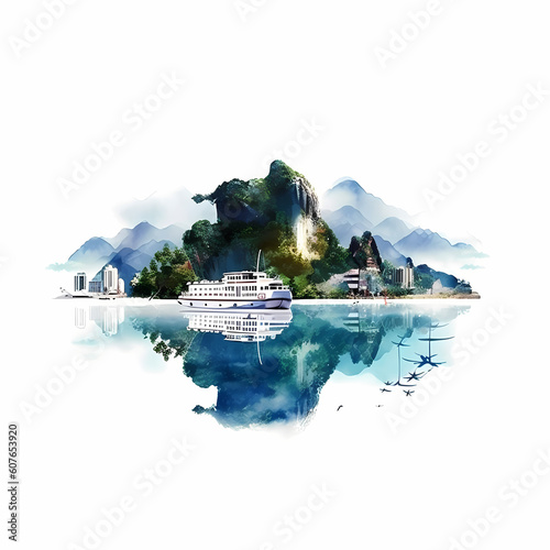 Ha Long Bay Vietnam Landscape White Background Illustration © imazydreams
