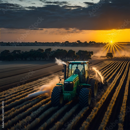 A tractor spraying a field at sunset - Generative AI