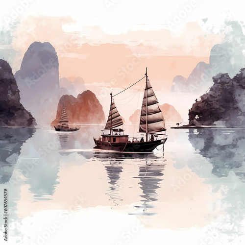 Ha Long Bay Vietnam Beautiful Landscape Illustration