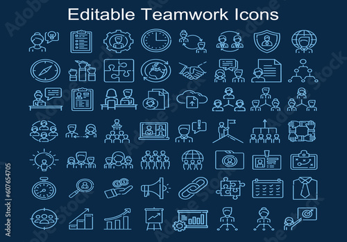 Team and Business Icons Set on White Background. Line Style Vector