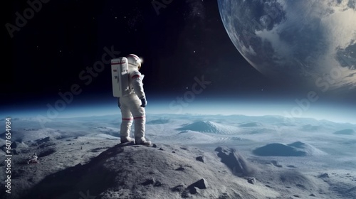 An Astronaut standing on the moon looking at a large earth like planet. Generative AI.