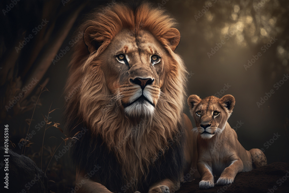 Lion with cub in natural habitat. Generative AI