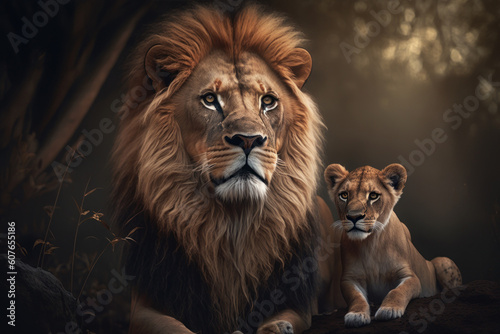 Lion with cub in natural habitat. Generative AI © Uliana