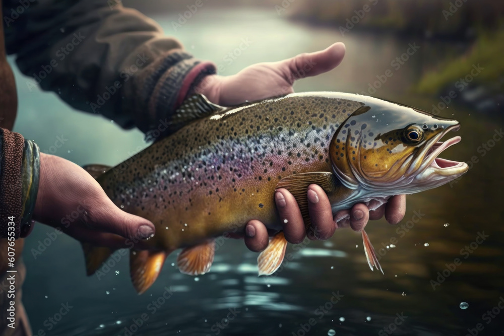 A fisherman holds a fish in his hands. Fishing concept, Generative AI A fisherman holds a fish in his hands. Fishing concept, Generative AI