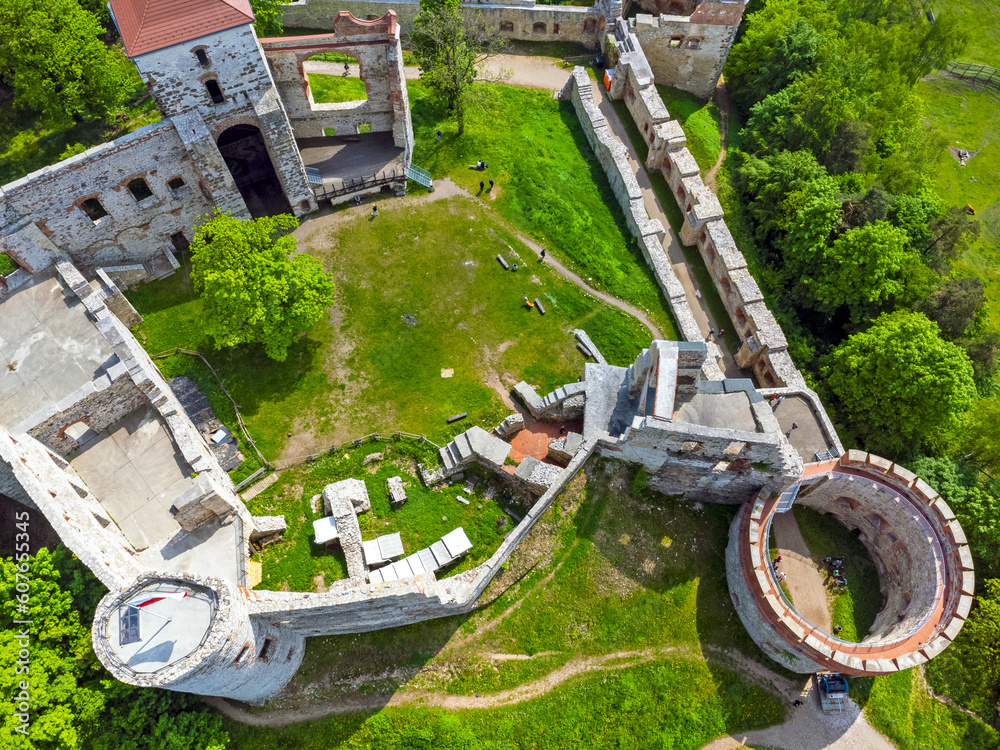 Aerial view landscape Poland Tenczyn castle in Rudno. Drone photo, park, ruins, forest, trees.